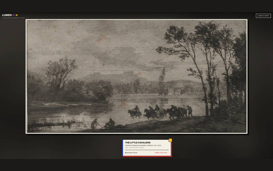 Lumen Gallery showing a Cleveland Museum of Art etching, The Little Cavaliers, with a short note card below it.