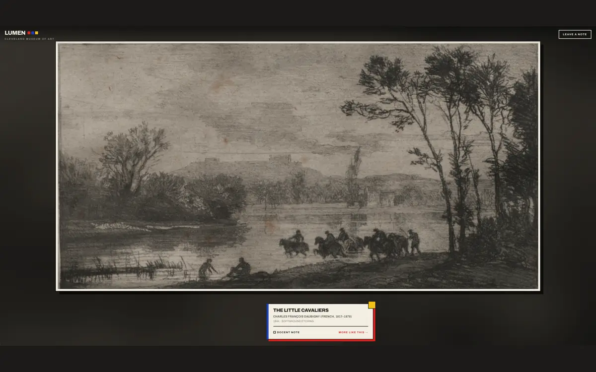 Lumen Gallery showing a Cleveland Museum of Art etching, The Little Cavaliers, with a short note card below it.